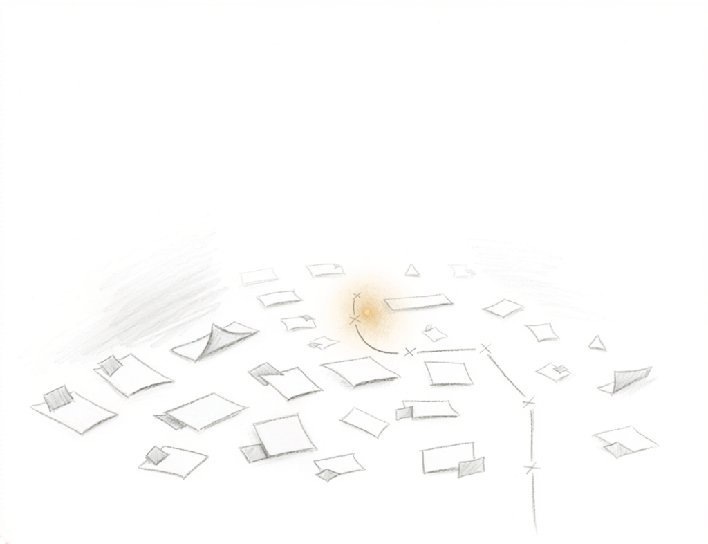 Hand-drawn editorial illustration of scattered fragments moving toward a point of light, symbolizing clarity emerging from disorder.