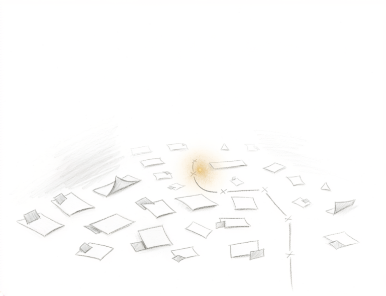 Hand-drawn editorial illustration of scattered fragments moving toward a point of light, symbolizing clarity emerging from disorder.