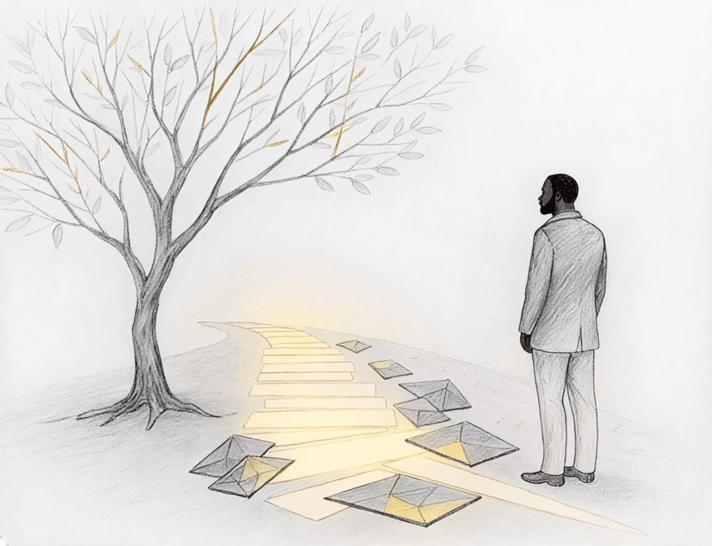 Hand-drawn editorial illustration of a person standing beside a tree and illuminated pathway, symbolizing reflection, wisdom, and direction under pressure.