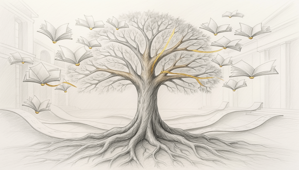 Hand-drawn editorial illustration of a rooted tree with books in motion and subtle institutional forms, symbolizing alignment, knowledge, and education as a living system.